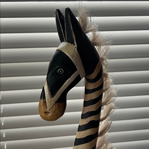 Handcrafted Wooden Zebra Giraffe Sculpture (39” tall.  Base is 4.5” x 8”. - Picture 2 of 6